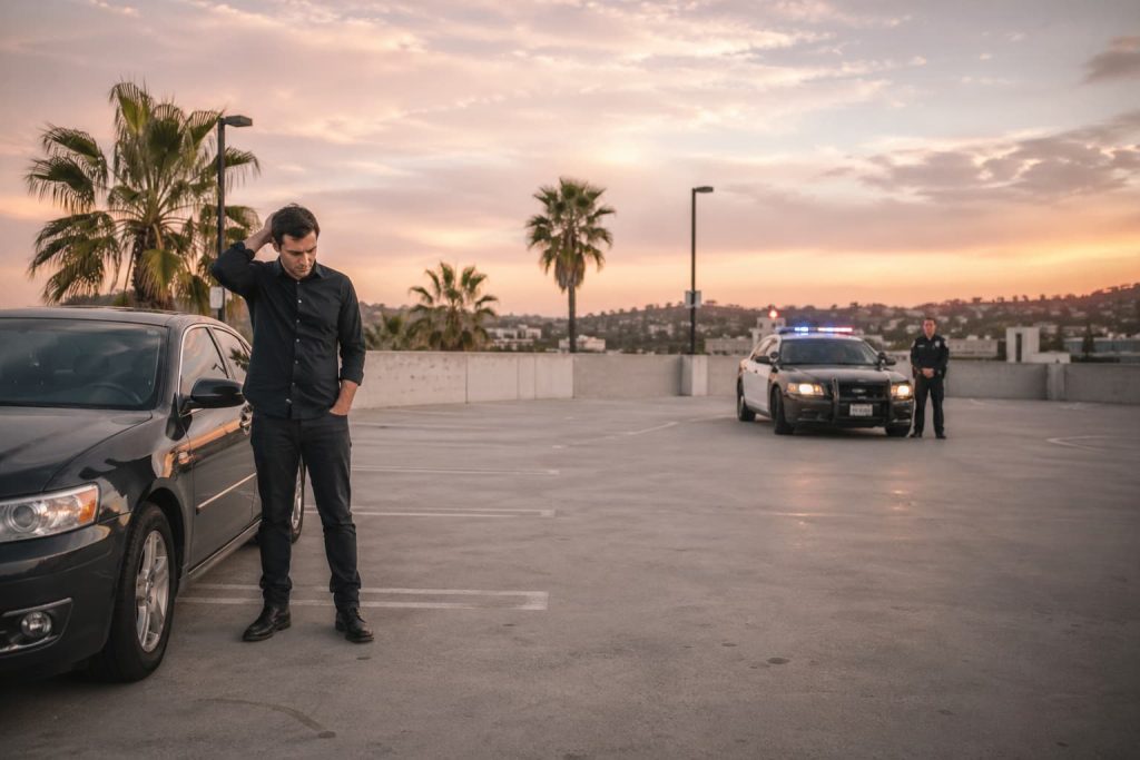 Concerned adult beside a parked car in a Southern California parking lot at dusk, with a police cruiser and officer in the background, suggesting a calm DUI investigation scene with warm sunset lighting and ample copy space.