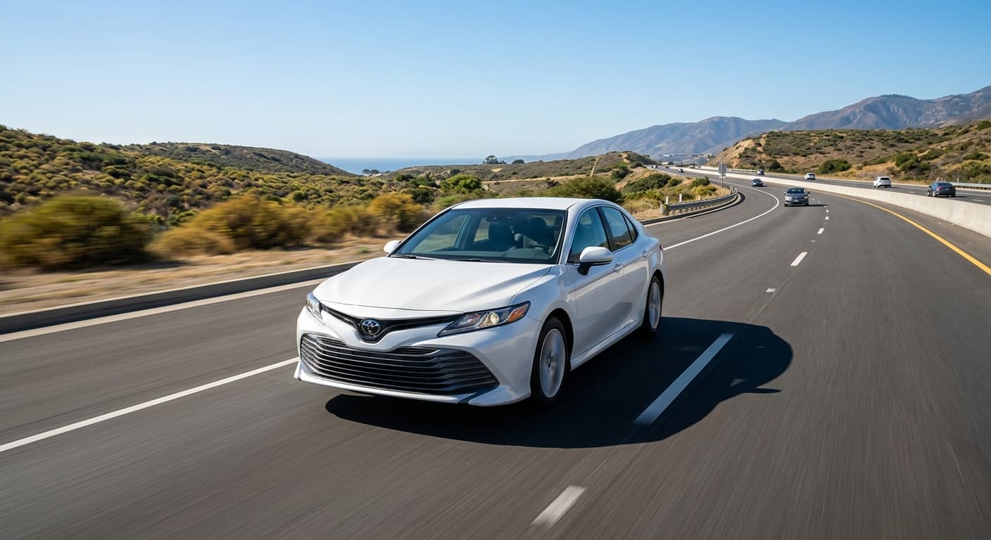 **Modern sedan driving smoothly on a multi-lane California highway.**