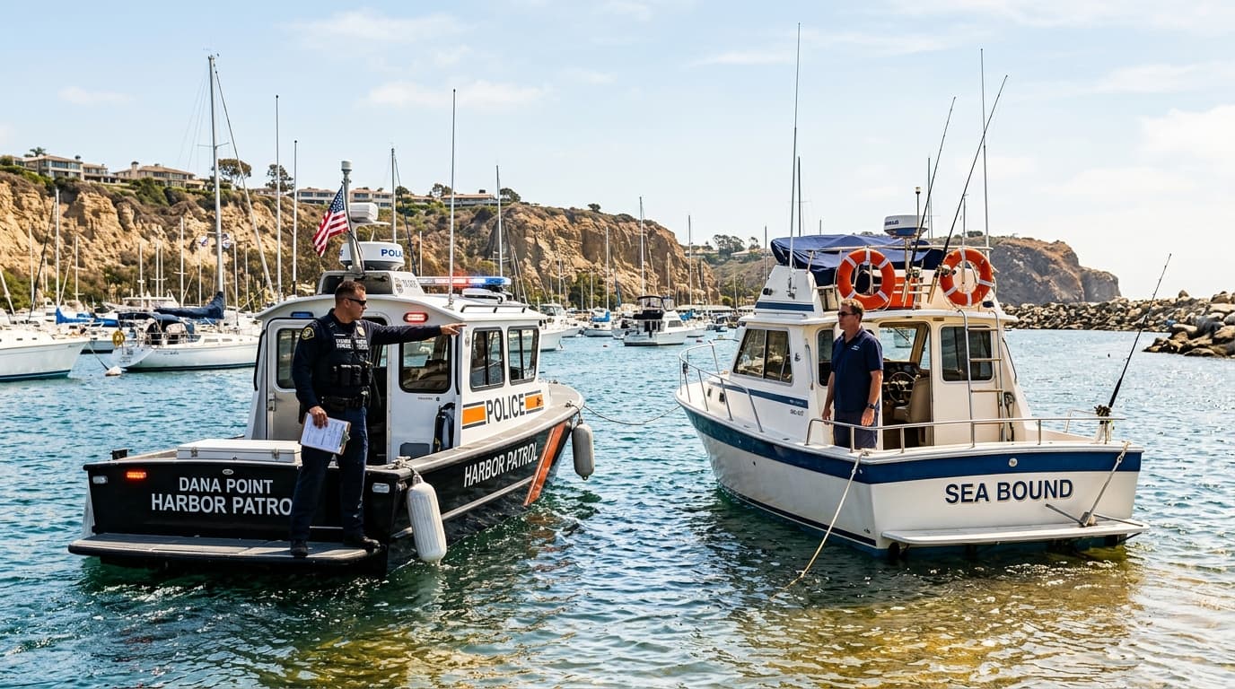 Dana Point Harbor Patrol officer inspecting a recreational boat for boating DUI enforcement in Dana Point marina