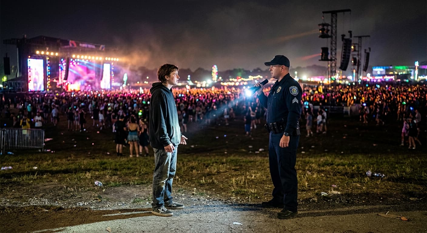 Young man stopped by a police officer at a nighttime outdoor music festival, representing a multi-drug DUI arrest in Southern California.