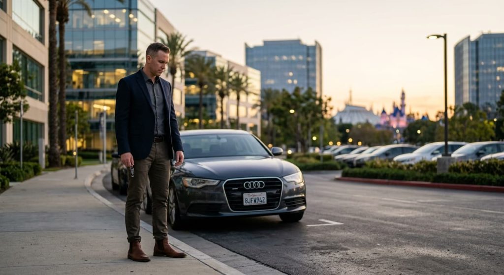 Professional man holding car keys beside his car near SoCal office buildings and a theme park, facing DUI job risks for tech and theme park employees.